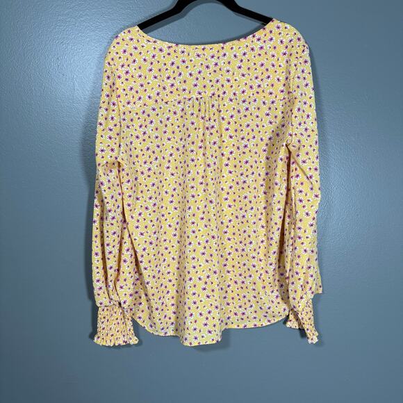 Pleione Women's Yellow & Pink Floral Boho Top - Size Large - Smocked Sleeves - Picture 6 of 6